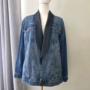 Current/Elliot Tuxedo Trucker Denim Jacket with Calf Skin Lapel Size 0